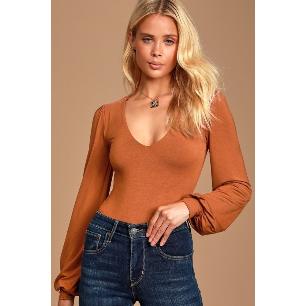 Lulus Basics Kaylene Rust Orange V-neck Balloon Sleeve Bodysuit - Size S